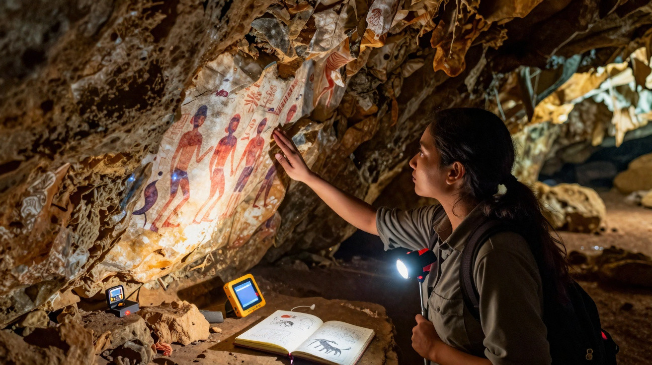 Pesquisadora explora pinturas rupestres em caverna iluminada por lanterna e dispositivos eletrônicos.