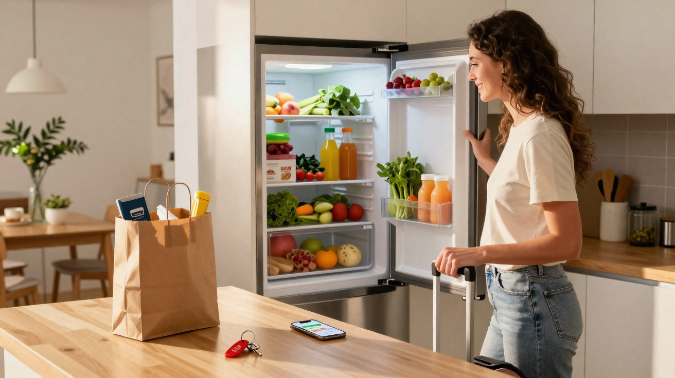 Mulher abrindo geladeira cheia de frutas e legumes em cozinha moderna com sacola de compras na bancada.