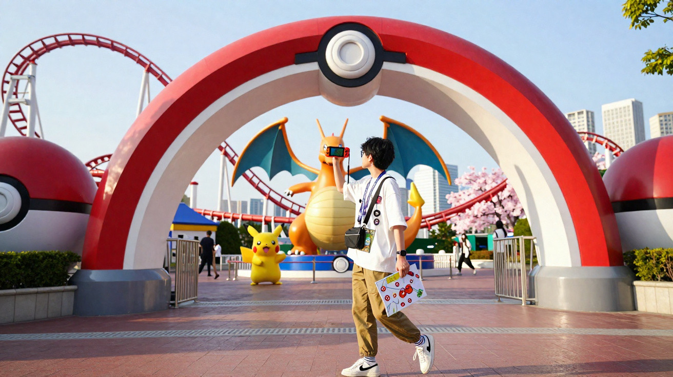 Entrada de parque temático Pokémon com estátua de Charizard, Pikachu e arco em forma de Pokébola, visitante caminhando.