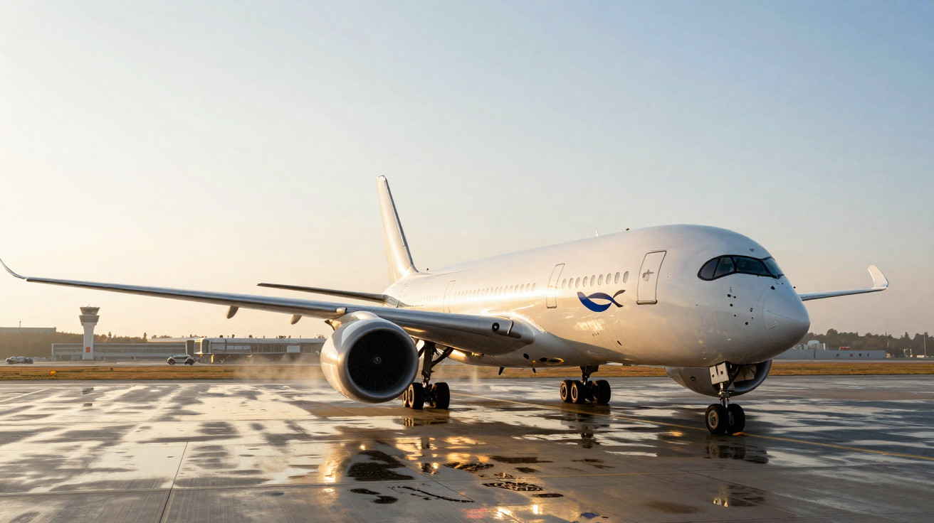 Avião comercial branco estacionado no pátio do aeroporto ao amanhecer com reflexos no chão molhado.