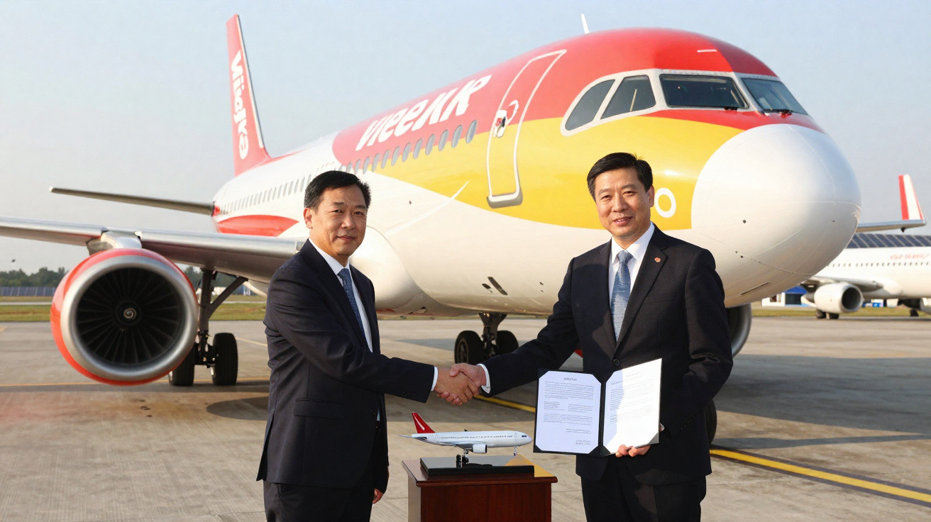 Dois homens de terno apertam as mãos na frente de um avião vermelho e amarelo da Vietjet no aeroporto.