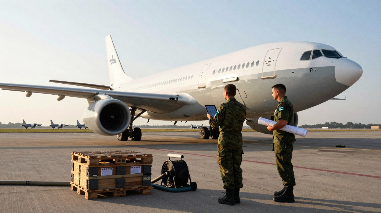 Dois militares em uniforme verde inspecionam avião branco em pista com equipamentos ao redor.