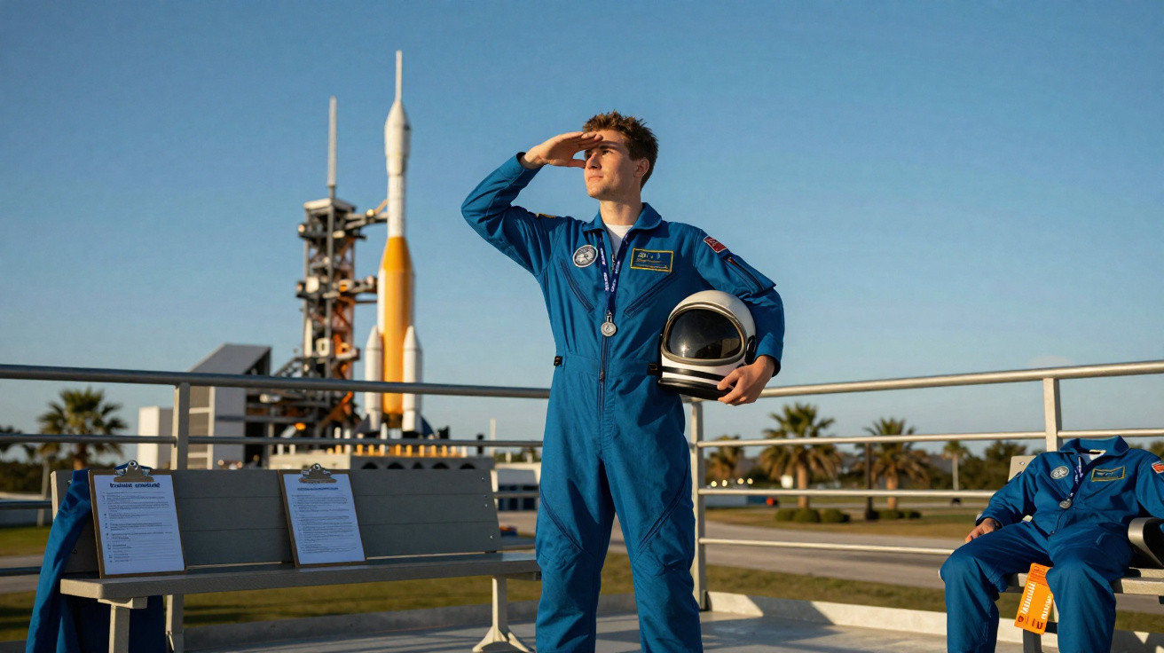 Homem em macacão azul de astronauta segurando capacete e olhando para o horizonte em base de lançamento.