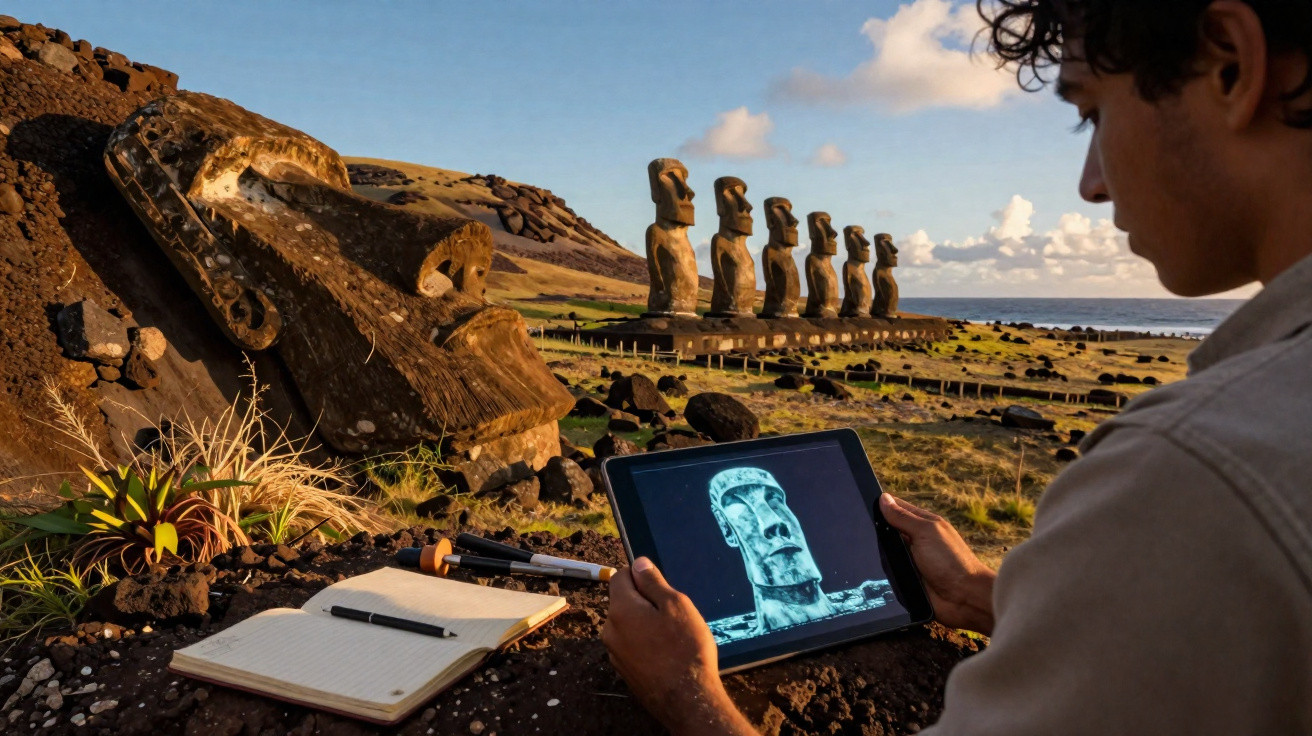 Pesquisador analisa imagem digital de estátua moai na Ilha de Páscoa ao ar livre com outros moais ao fundo.