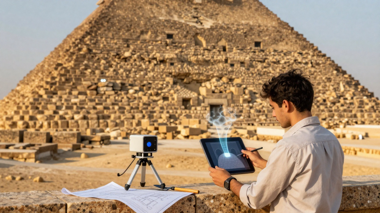 Homem usa tablet para modelagem 3D e scanner perto de pirâmide egípcia no deserto.