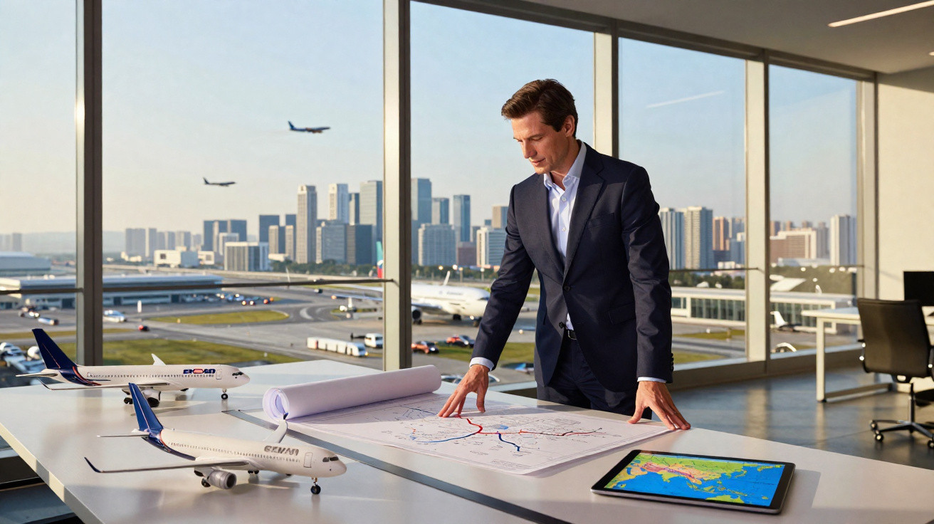 Homem em terno analisa planta em escritório com vista para aeroporto e modelos de aviões na mesa.