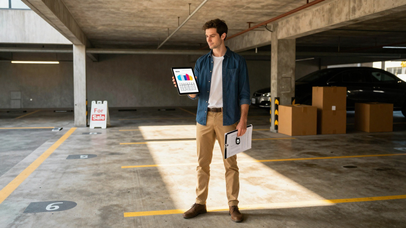 Homem segurando tablet com gráficos em estacionamento coberto com placa de venda ao fundo.