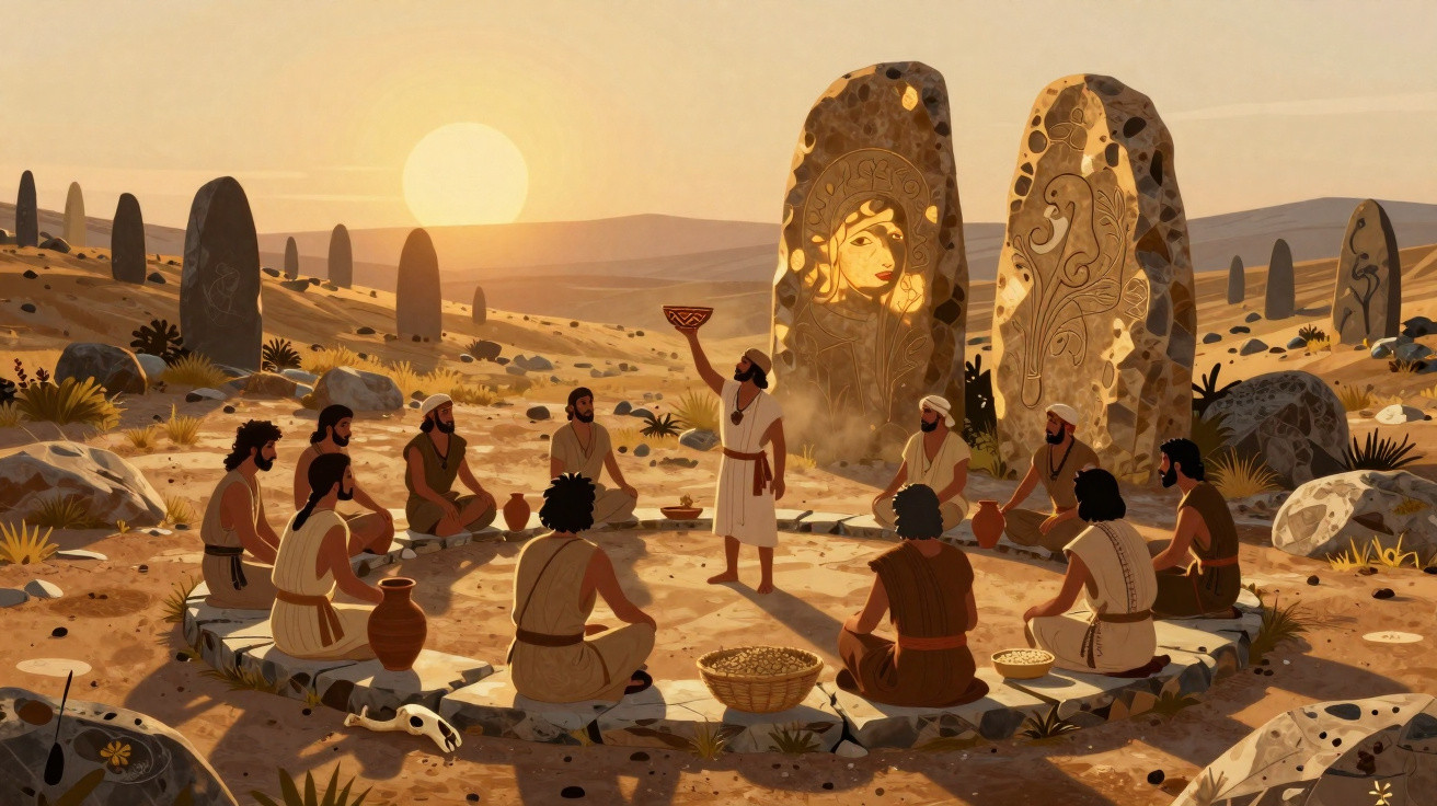 Grupo de pessoas antigas reunidas em círculo no deserto com pedras esculpidas ao pôr do sol.