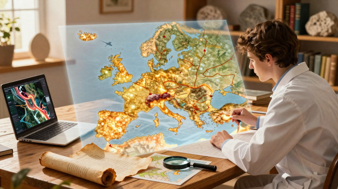 Jovem em jaleco analisa mapa holográfico da Europa em mesa com lupa, pergaminho e laptop.