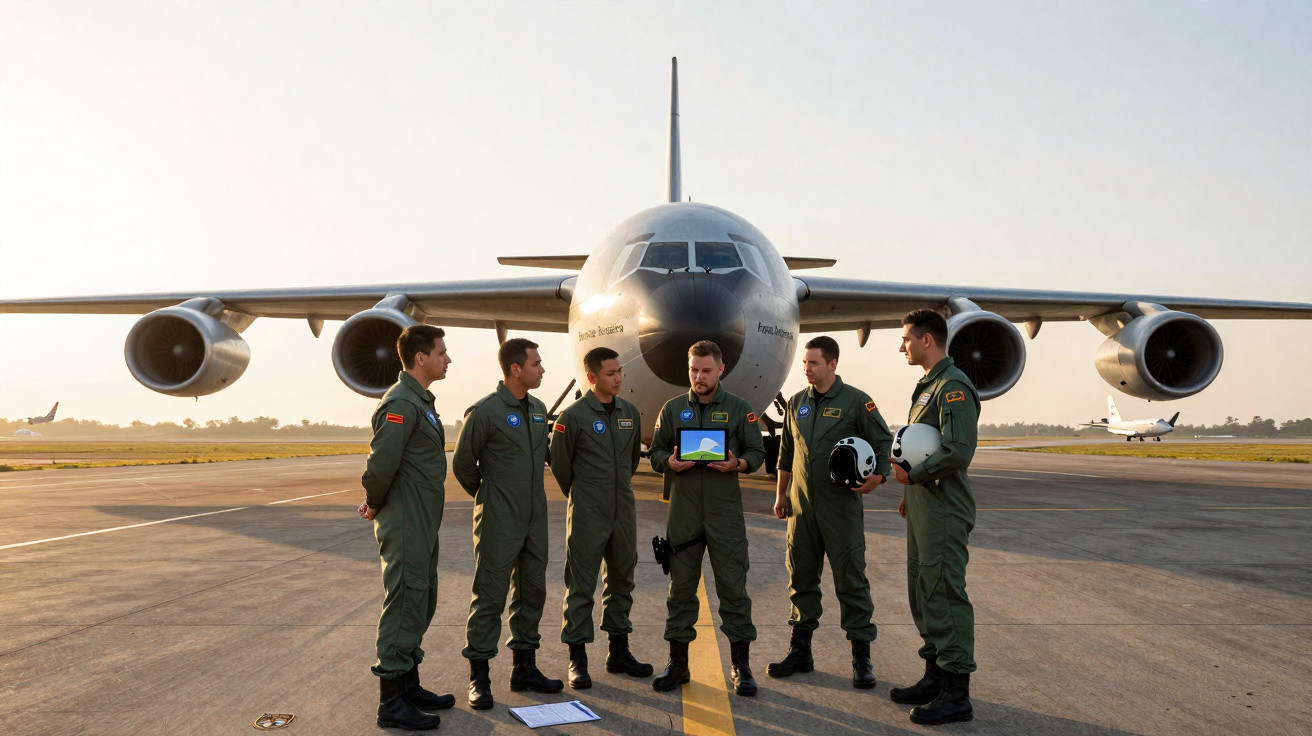 Seis pilotos em roupa verde reunidos em frente a um grande avião no aeroporto ao entardecer.