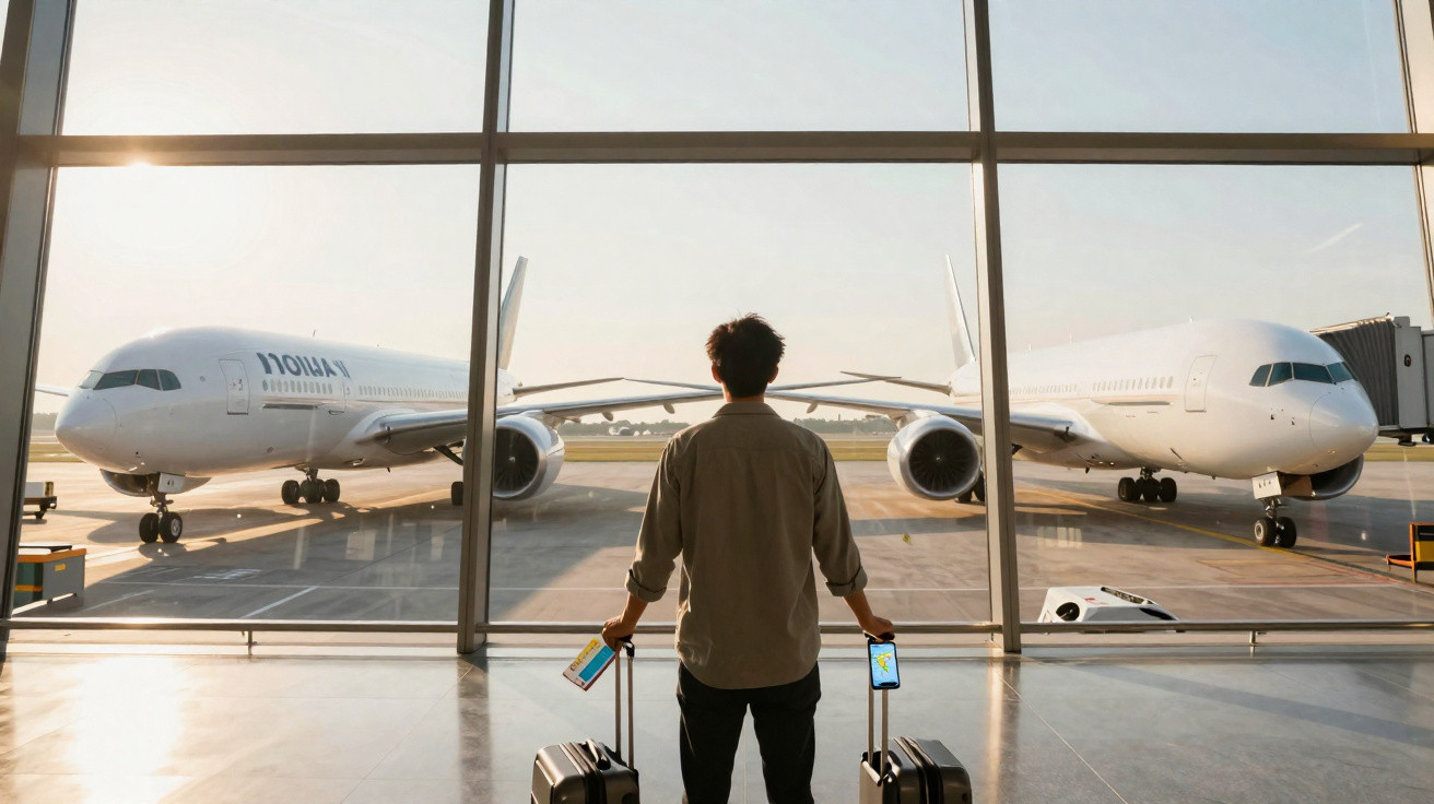 Homem segurando passagens e malas, olhando para dois aviões estacionados na pista do aeroporto.
