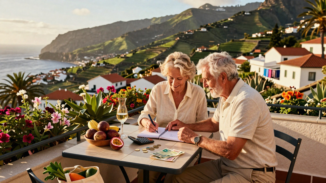 Casal idoso planejando finanças ao ar livre, com frutas, moedas, papel e caneta em mesa na varanda.