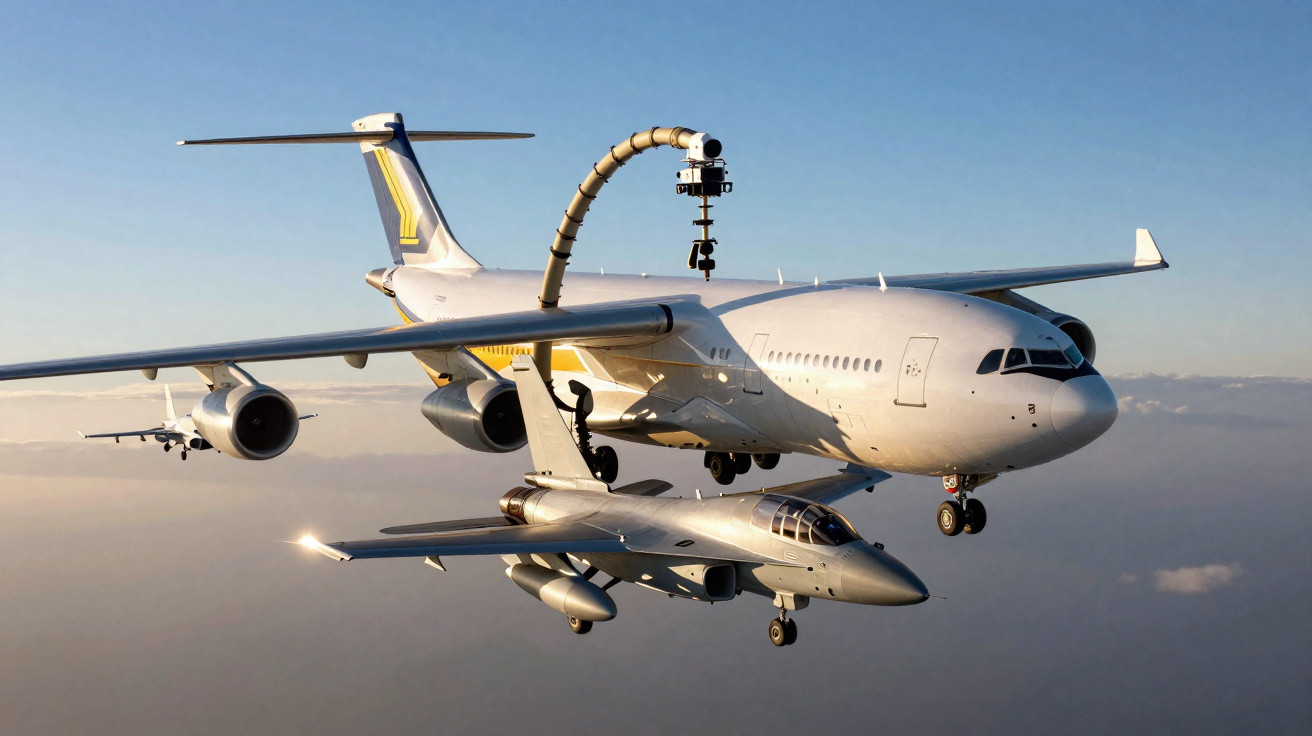 Avião grande equipado com câmera voando ao lado de jato menor em céu claro durante o dia.