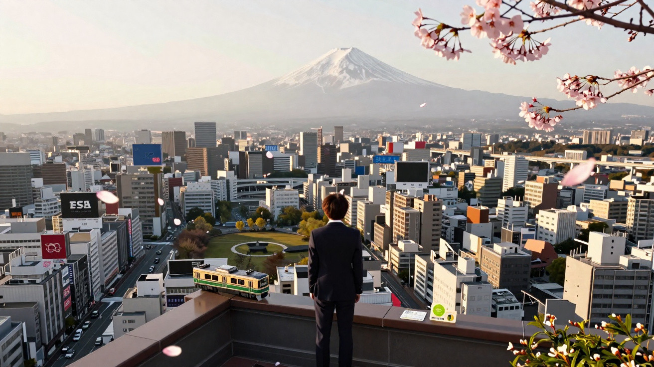 Pessoa de terno observa cidade japonesa ao pôr do sol com Monte Fuji e flores de cerejeira ao fundo.