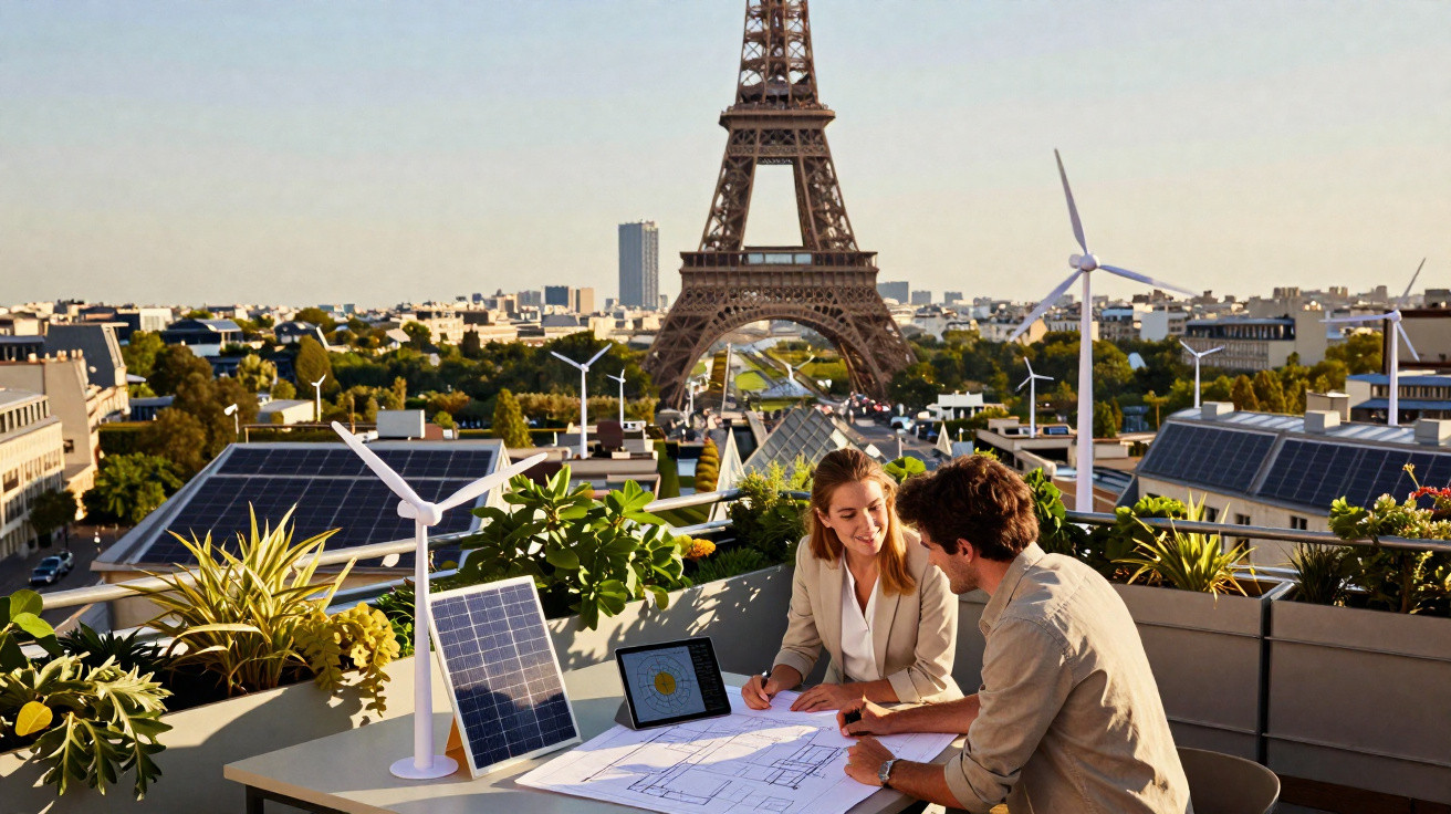 Casal analisando projeto sustentável com painéis solares e mini turbinas eólicas, Torre Eiffel ao fundo.