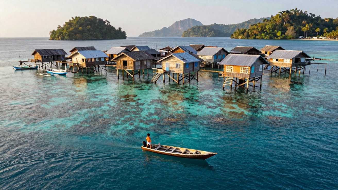 Casas de madeira sobre palafitas no mar com ilhas ao fundo e uma pessoa em canoa na água azul clara.