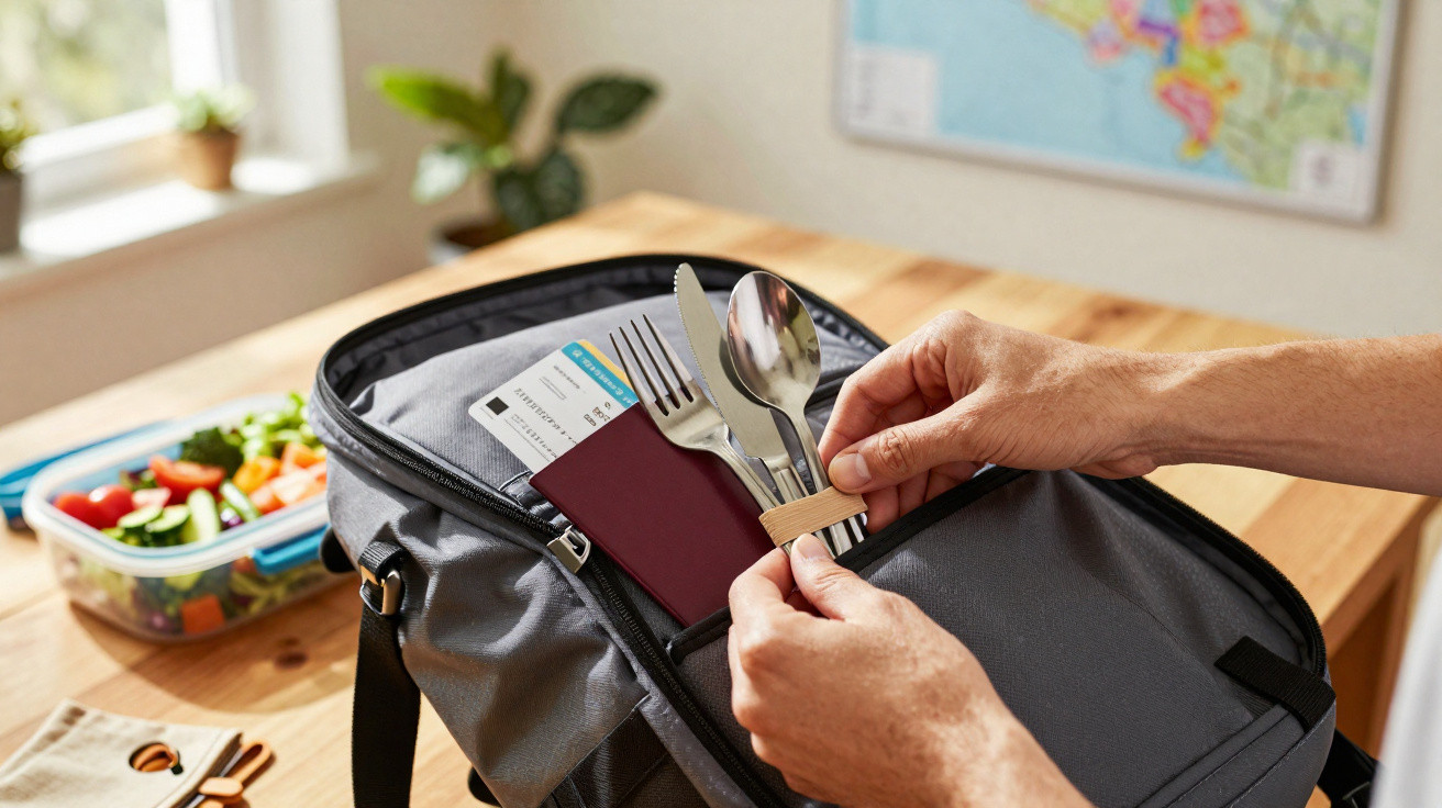 Pessoa colocando talheres em bolsa cinza, com passaporte e cartão de embarque visíveis na bolsa.