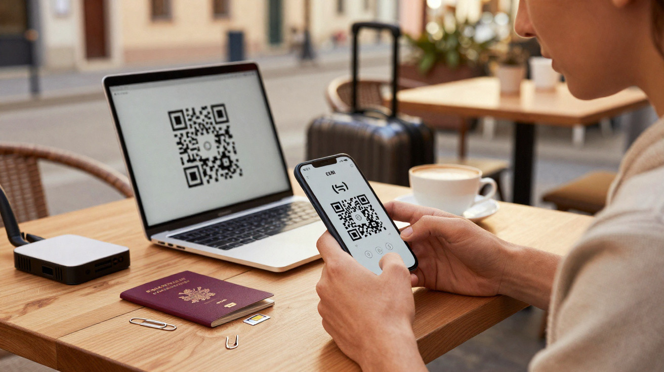 Pessoa usando celular para escanear QR code em mesa com laptop, passaporte, café e mala ao fundo.