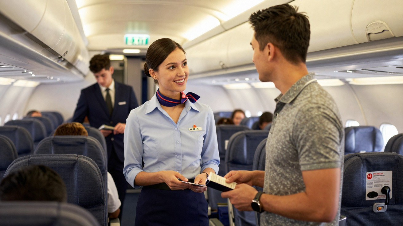 Comissária de bordo sorridente conferindo passagem de passageiro dentro de avião durante voo.