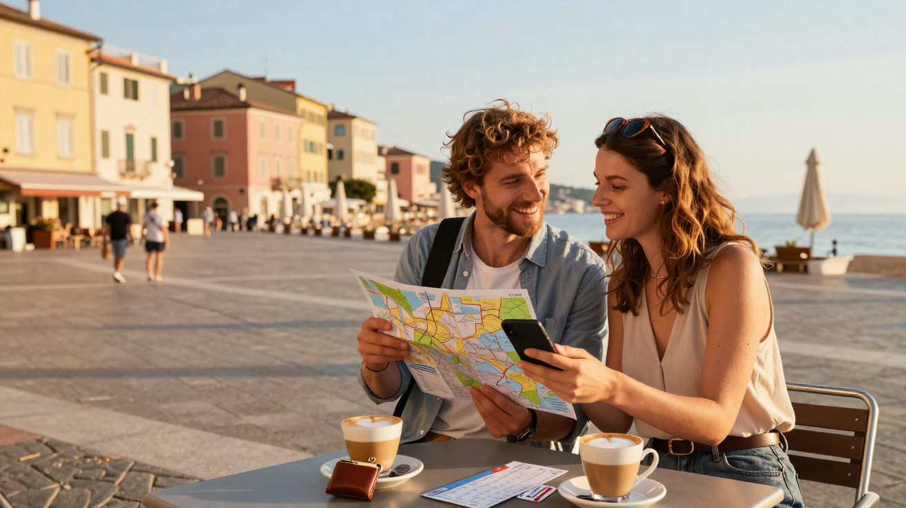 Casal jovem sorrindo e consultando mapa e celular em café ao ar livre próximo ao mar.