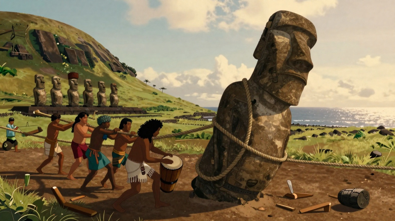 Grupo de pessoas puxando um moai na Ilha de Páscoa ao pôr do sol próximo ao mar.