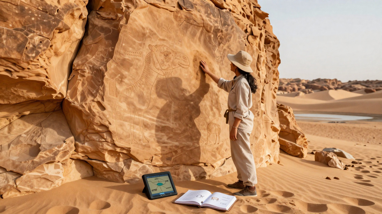 Mulher exploradora observa desenhos de camelos esculpidos em rocha no deserto com livros e tablet na areia.