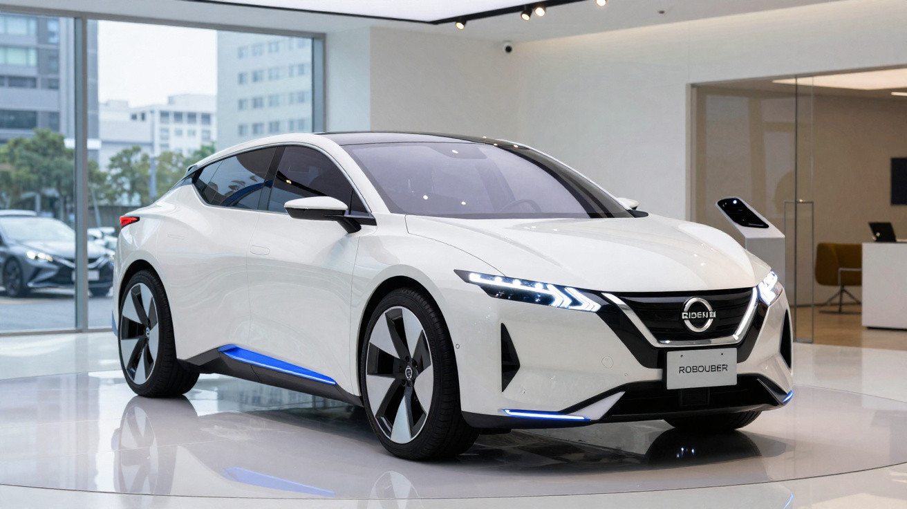 Carro elétrico branco com design futurista exposto em showroom moderno e iluminado.