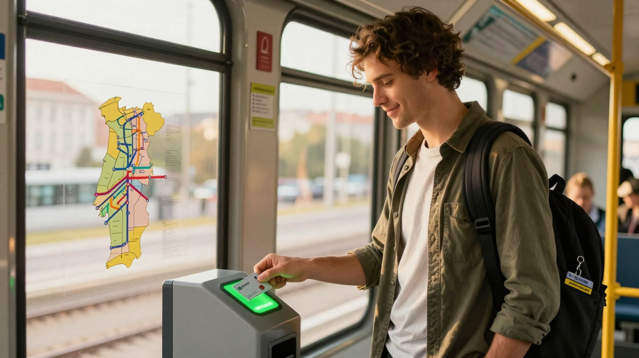 Jovem usando cartão para validar passagem no transporte público em ônibus com mapa do trajeto na janela.