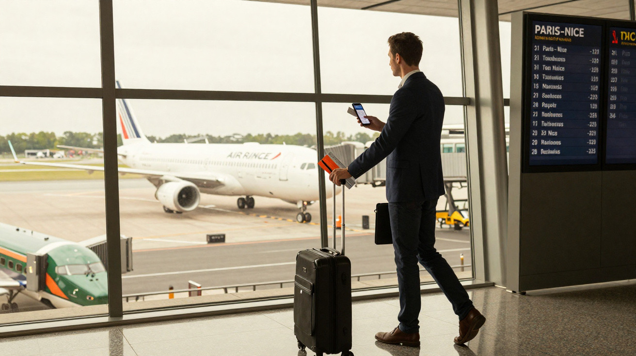 Homem vestido formalmente com mala e passaporte observa avião Air France no aeroporto.