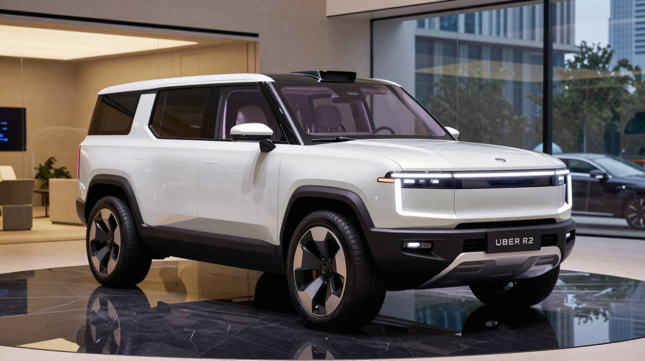 Carro SUV elétrico branco Uber R2 exposto em ambiente interno moderno com vidro ao fundo.