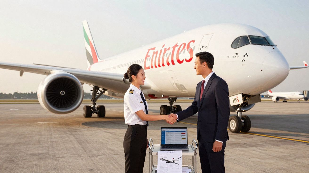 Piloto e executivo apertam as mãos em frente a avião da Emirates no aeroporto ao amanhecer.