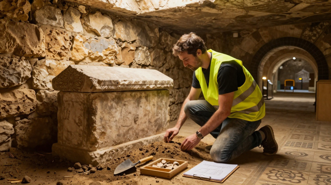 Arqueólogo com colete amarelo escavando objetos em sítio arqueológico subterrâneo antigo.