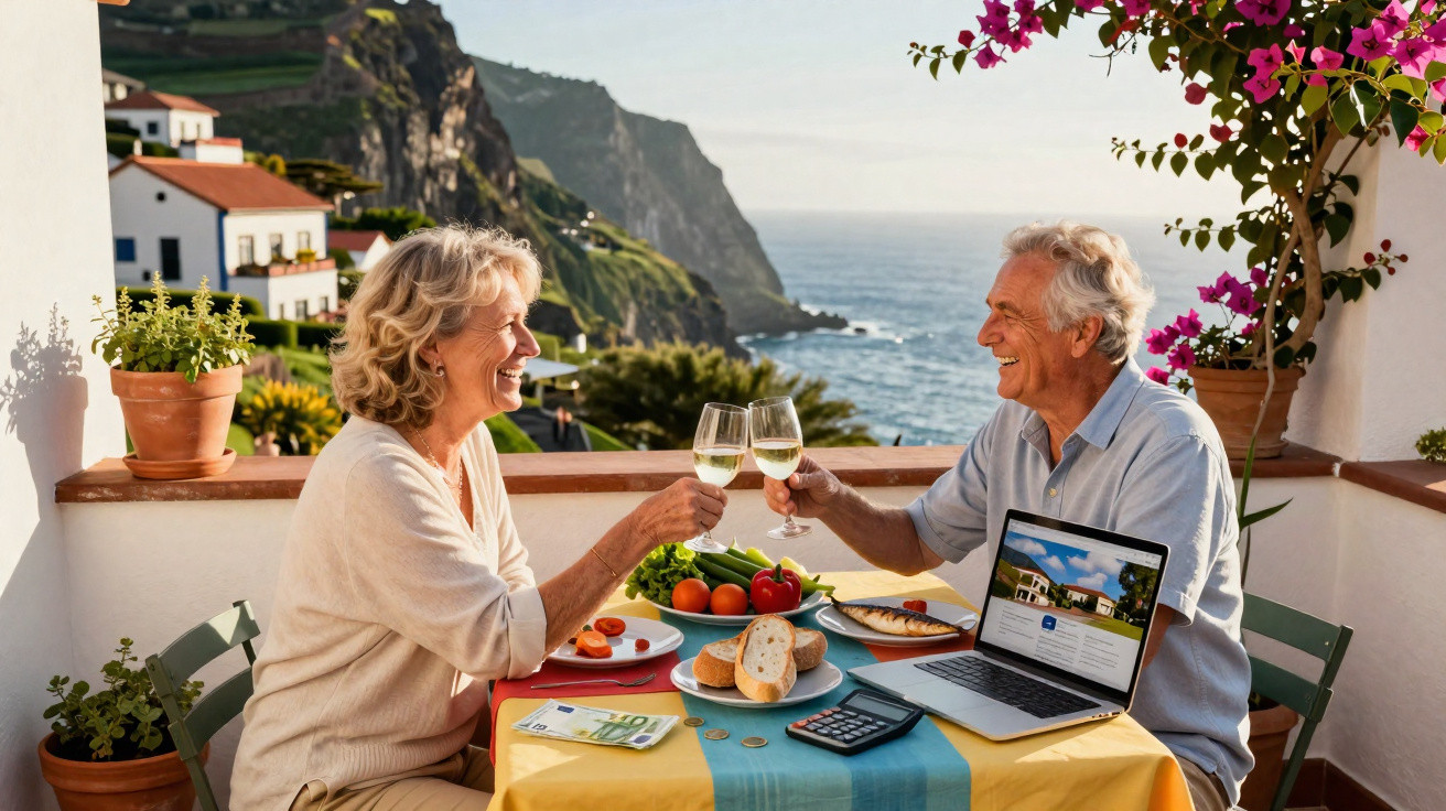 Casal idoso brinda com vinho em varanda com vista para o mar, rodeado por comida e laptop.