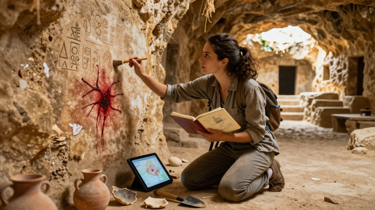 Mulher exploradora analisando pinturas rupestres com pincel e livro em caverna arqueológica antiga.